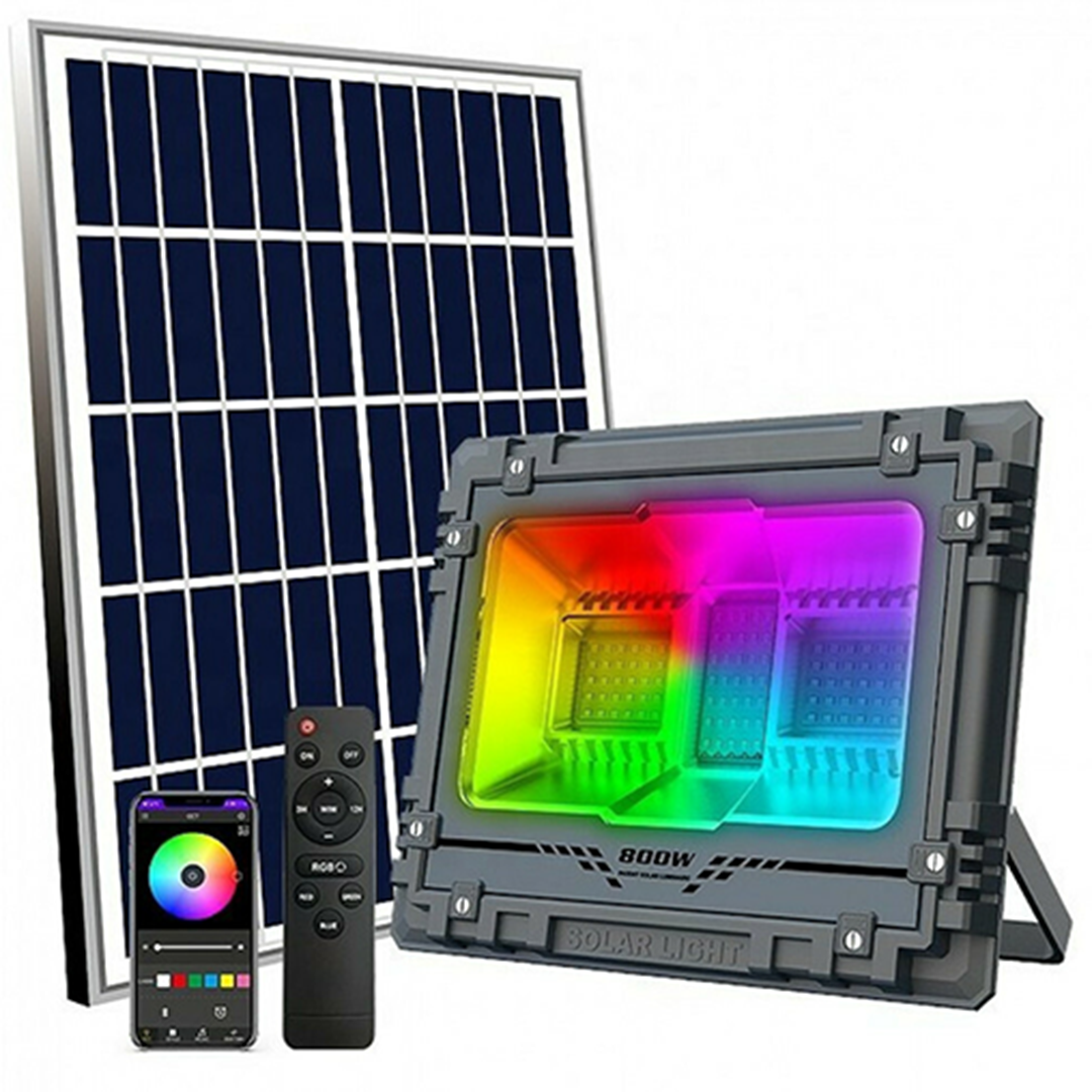 Αδιάβροχος επαναφορτιζόμενος ηλιακός προβολέας 500W 95 Led RGB με τηλεχειρισμό και χρονοδιακόπτη MJ-AW500C μαύρο