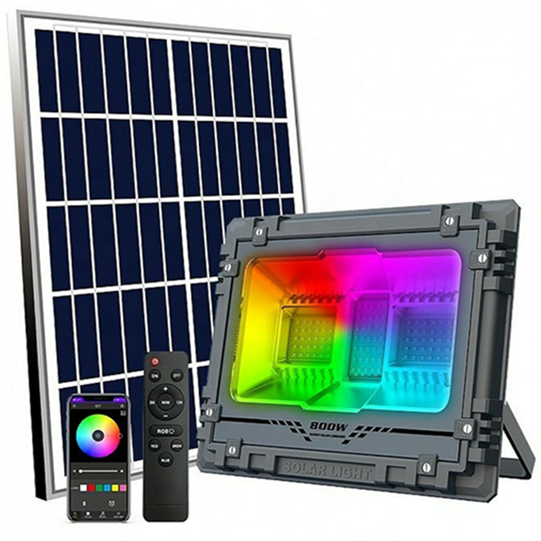 Αδιάβροχος επαναφορτιζόμενος ηλιακός προβολέας 800W 95 Led RGB με τηλεχειρισμό και χρονοδιακόπτη MJ-AW800C μαύρο