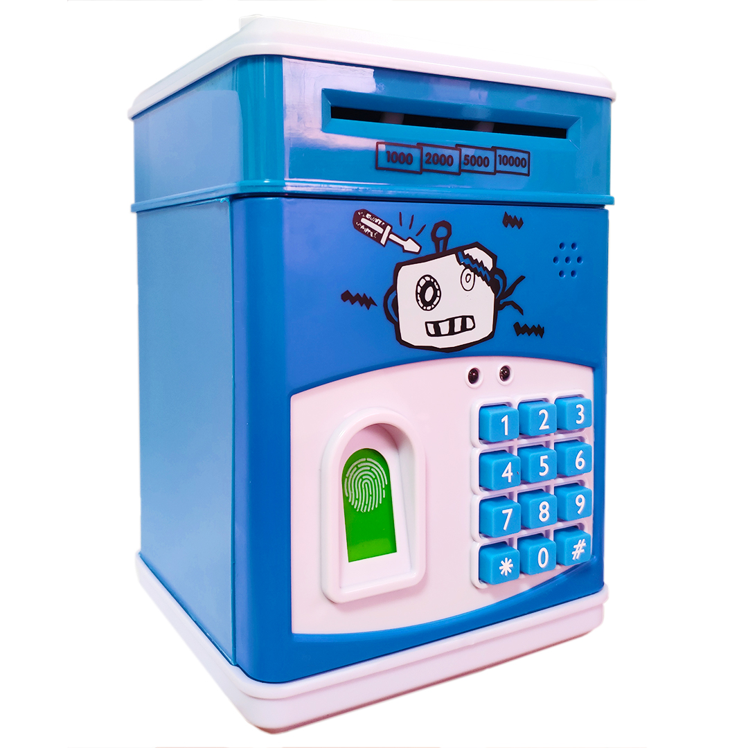 Ηλεκτρικός παιδικός κουμπαράς 13x13x19cm με κωδικό ασφαλείας και δακτυλικό αποτύπωμα cartoon μπλε