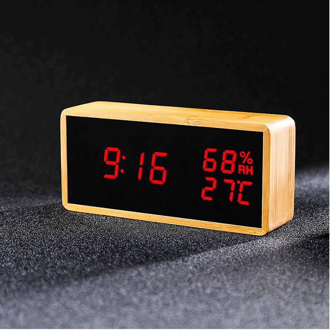 Επιτραπέζιο Ψηφιακό Ξύλινο Ρολόι - Ξυπνητήρι με Θερμοκρασία Μαύρο - Κόκκινο 1299