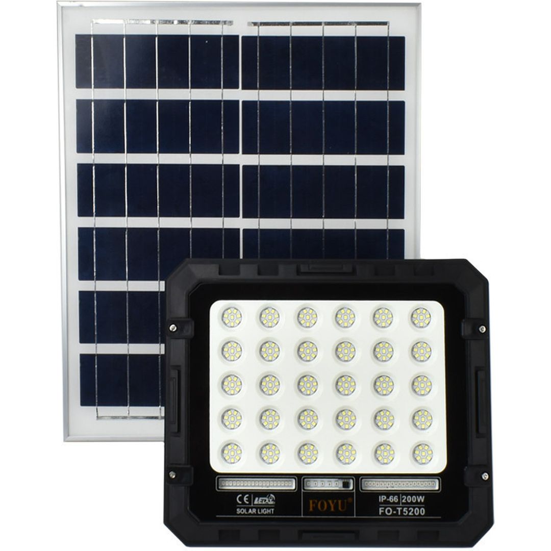 Στεγανός Ηλιακός Προβολέας IP66 Ισχύος 200W με Τηλεχειριστήριο και Ψυχρό Λευκό Φως σε Μαύρο χρώμα FO-T5200