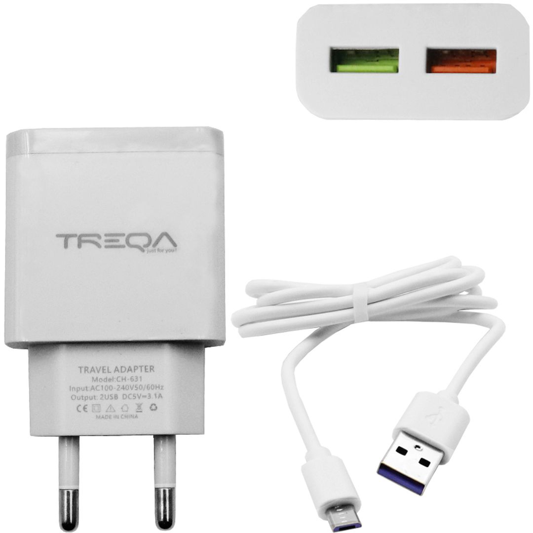 Treqa Φορτιστής με 2 Θύρες USB-A και Καλώδιο micro USB Λευκός (CH-631-M)