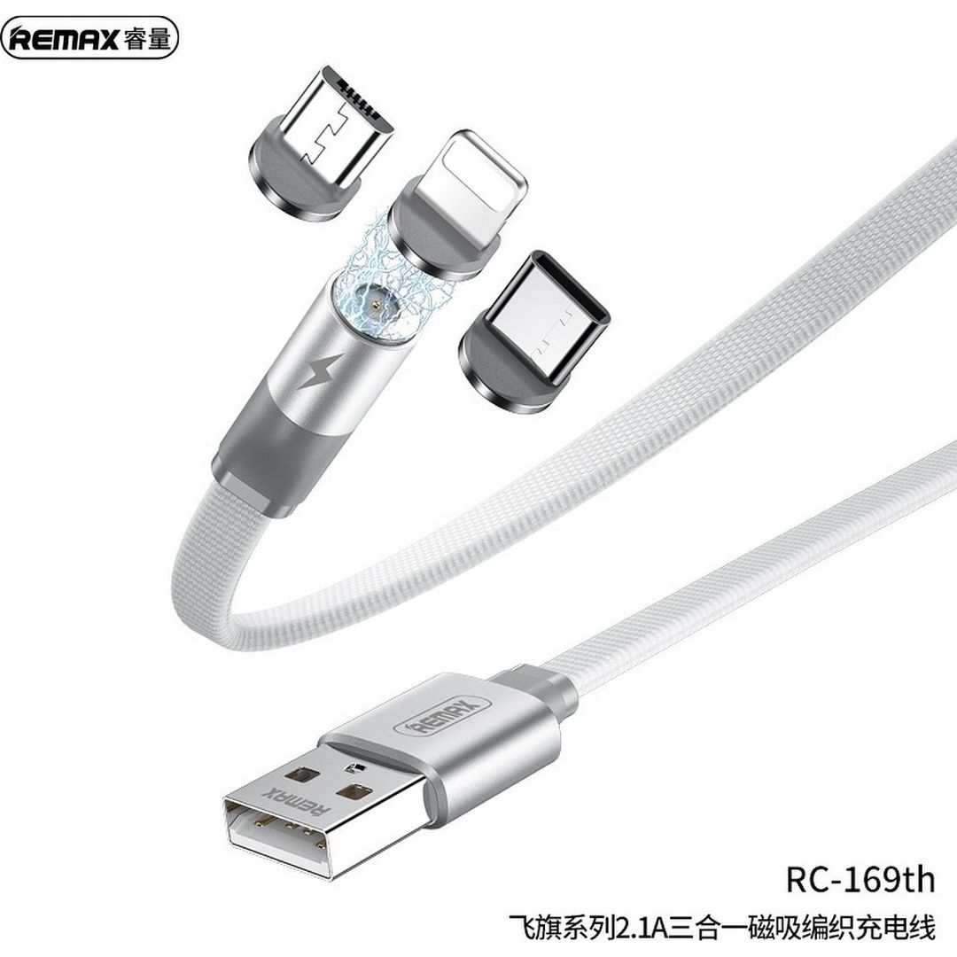 Remax RC-169th Magnetic USB to micro USB / Type-C / Lightning Cable 2.1A Λευκό 1m