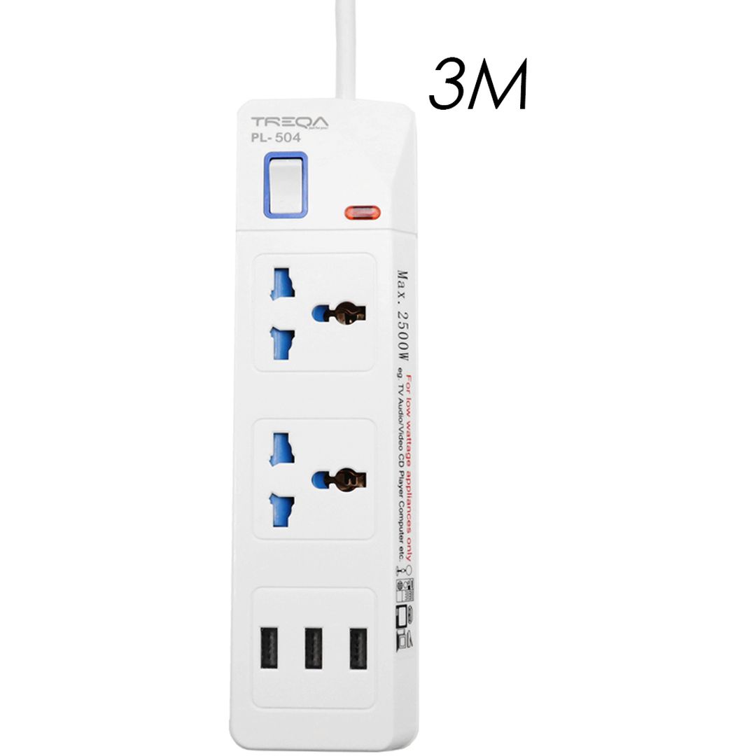 Treqa PL-504 Πολύπριζο Ασφαλείας 2 Θέσεων με Διακόπτη και 3 USB Λευκό 3m