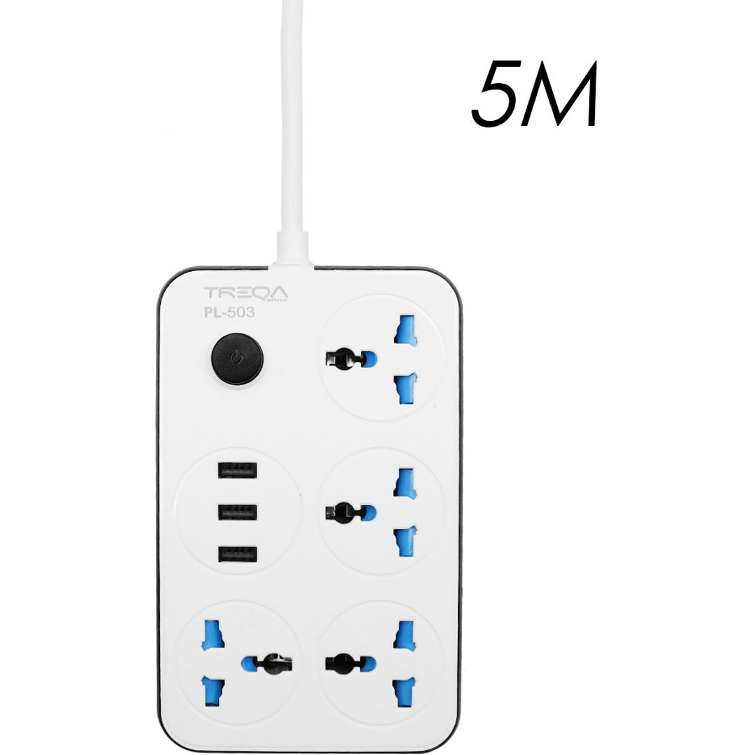 Treqa PL-503 Πολύπριζο Ασφαλείας 4 Θέσεων με Διακόπτη, 3 USB και Καλώδιο Λευκό 5m