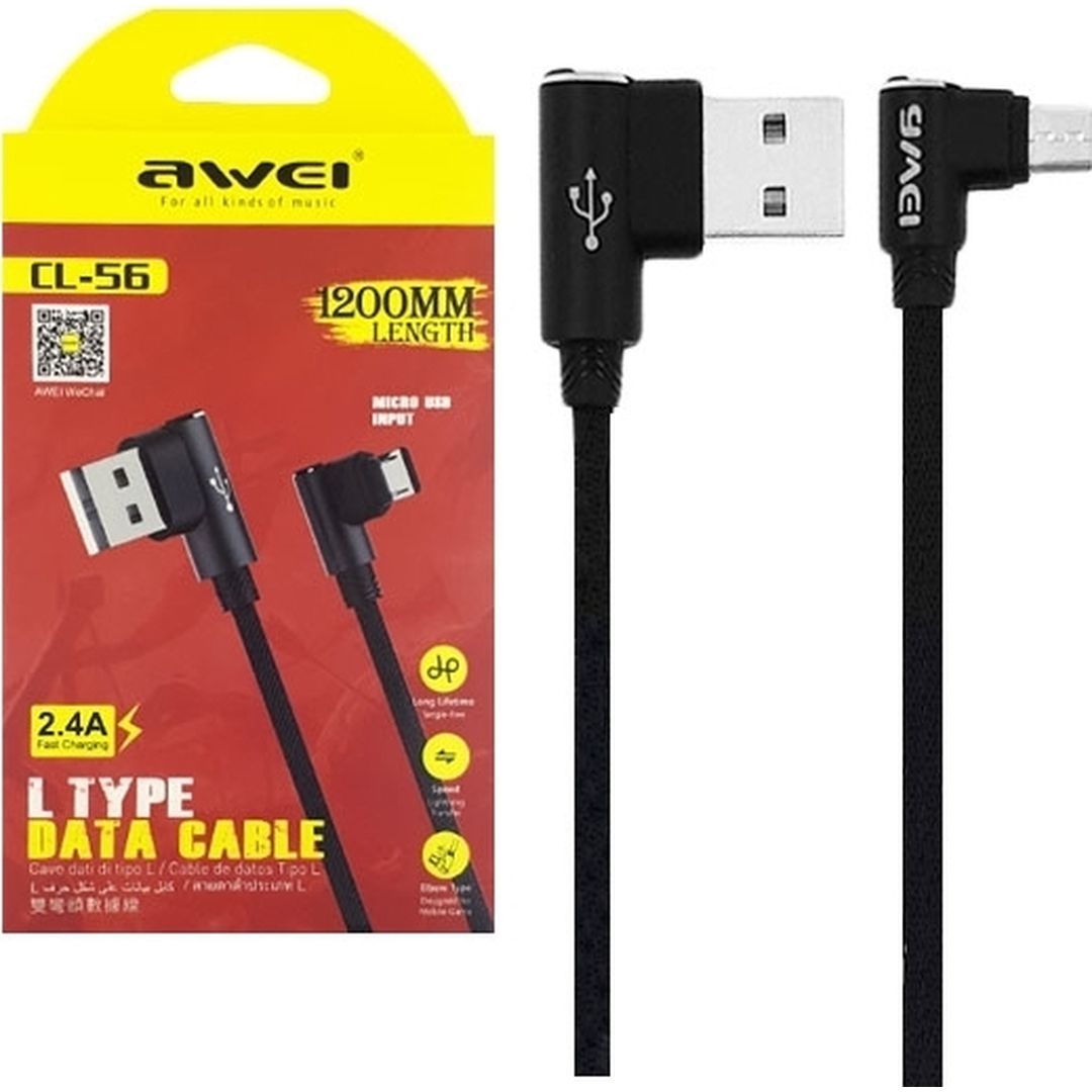 Awei Angle (90°) / Braided USB 2.0 to micro USB Cable Μαύρο 1.2m (CL-56)