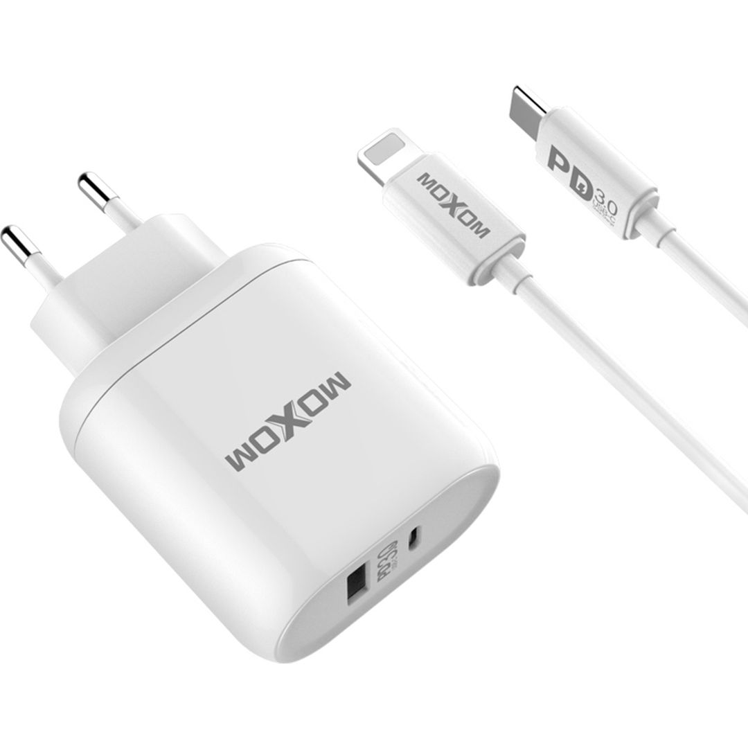 Moxom Φορτιστής με Θύρα USB-A και Θύρα USB-C και Καλώδιο Lightning 18W Quick Charge 3.0 Λευκός (PD-08)