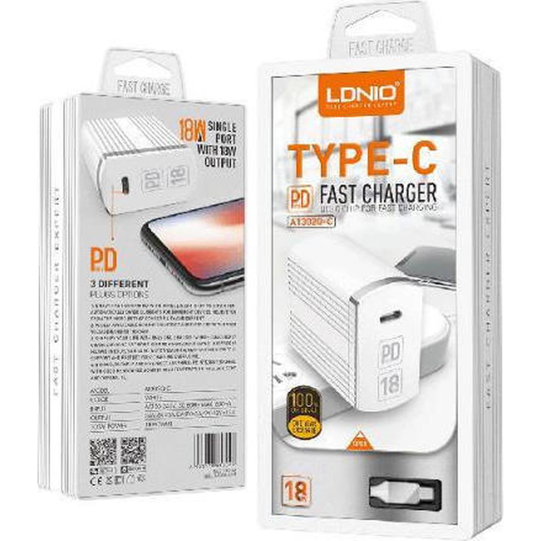 Ldnio Φορτιστής με Θύρα USB-C και Καλώδιο USB-C 18W Power Delivery Λευκός (A1302Q-C)
