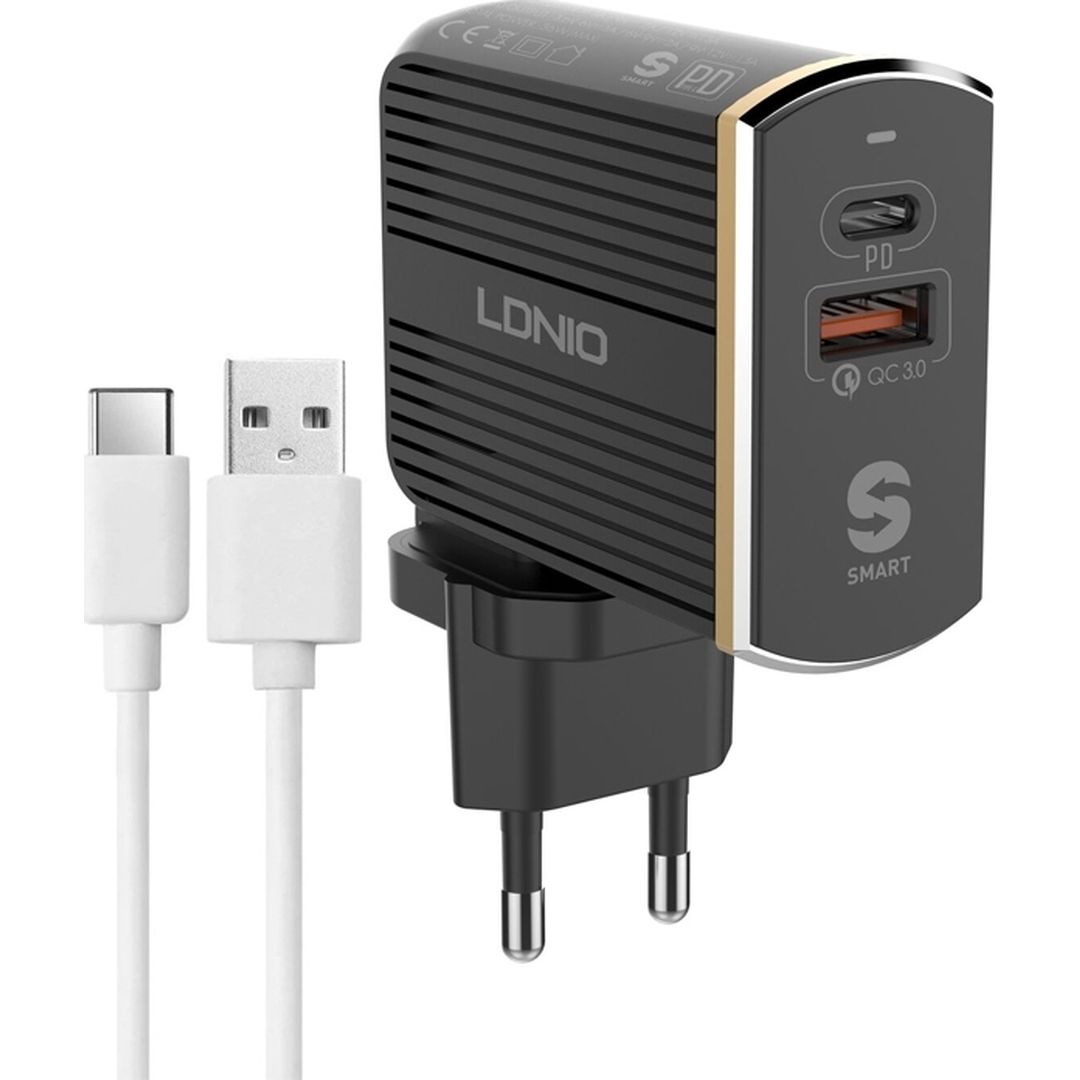 Ldnio Φορτιστής με Θύρα USB-A και Θύρα USB-C και Καλώδιο USB-C Power Delivery / Quick Charge 3.0 Μαύρος (A2502C)