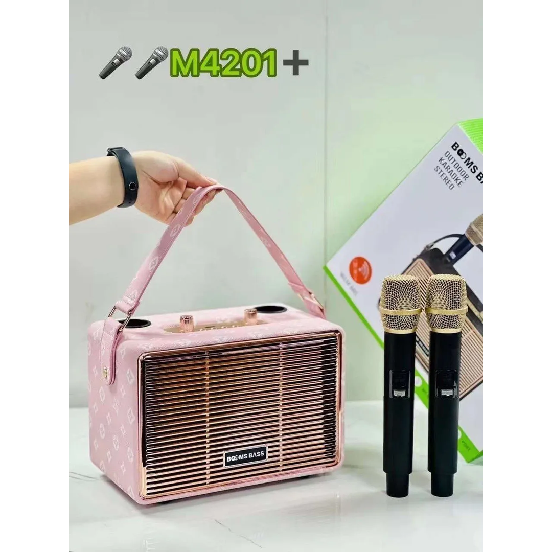 Ηχείο karaoke bluetooth boom bass M4201+ με 2 μικρόφωνα ροζ
