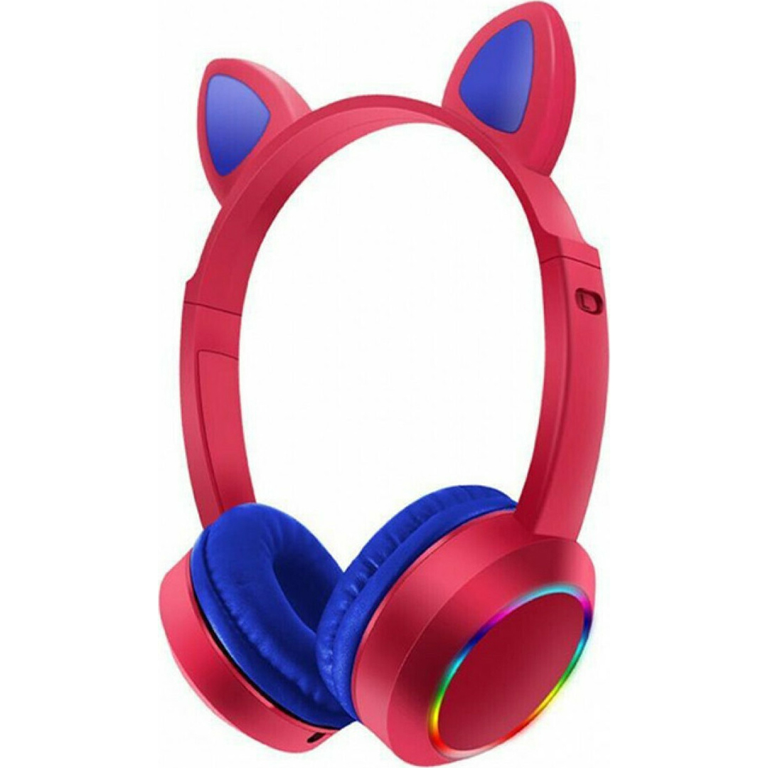 Bluetooth ασύρματα ακουστικά αυτιά γάτας με πολύχρωμα φώτα RGB και ενσωματωμένο μικρόφωνο, Wireless Cat Ear Headphones AKZ-K24 σε κόκκινο χρώμα