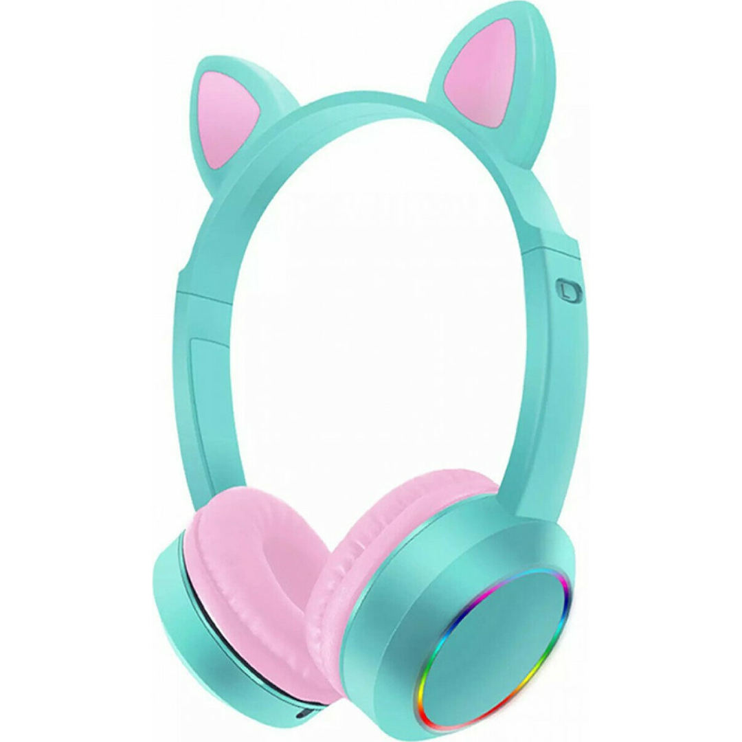 Bluetooth ασύρματα ακουστικά αυτιά γάτας με πολύχρωμα φώτα RGB και ενσωματωμένο μικρόφωνο, Wireless Cat Ear Headphones AKZ-K24 σε τυρκουαζ χρώμα