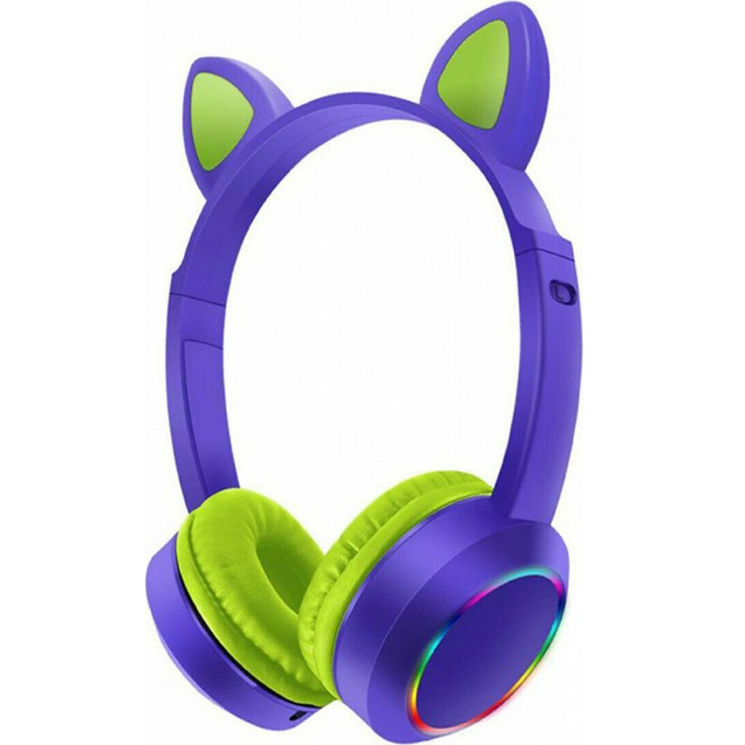 Bluetooth ασύρματα ακουστικά αυτιά γάτας με πολύχρωμα φώτα RGB και ενσωματωμένο μικρόφωνο, Wireless Cat Ear Headphones AKZ-K24 σε μωβ χρώμα
