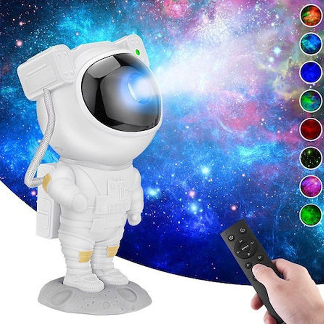 Επιτραπέζιο Διακοσμητικό Φωτιστικό – Προτζέκτορας σε Σχέδιο Αστροναύτη με Φωτισμό Γαλαξία RGB και Τηλεκοντρόλ SK009 Λευκό