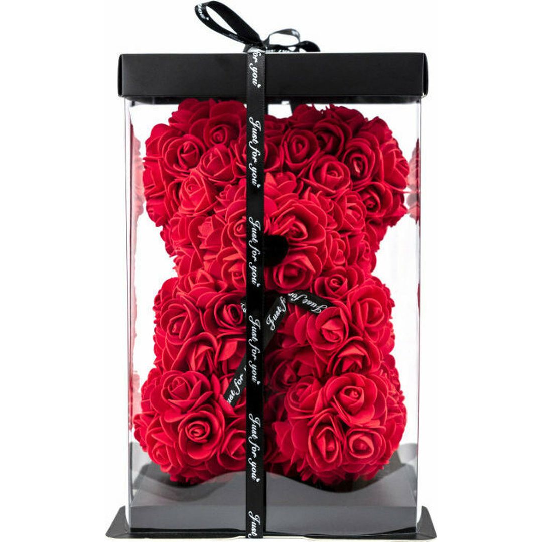 Αρκουδάκι από Τεχνητά Τριαντάφυλλα Κόκκινο 25cm B101 Σε Κουτί