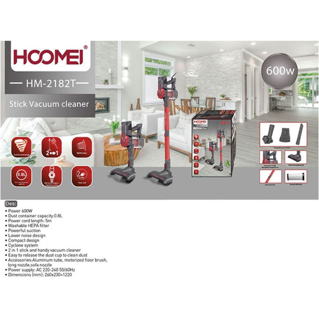 Hoomei HM-2182T Ηλεκτρική Σκούπα Stick 600W 2 σε 1 με Αποσπώμενο Κάδο 0.8L και Αξεσουάρ