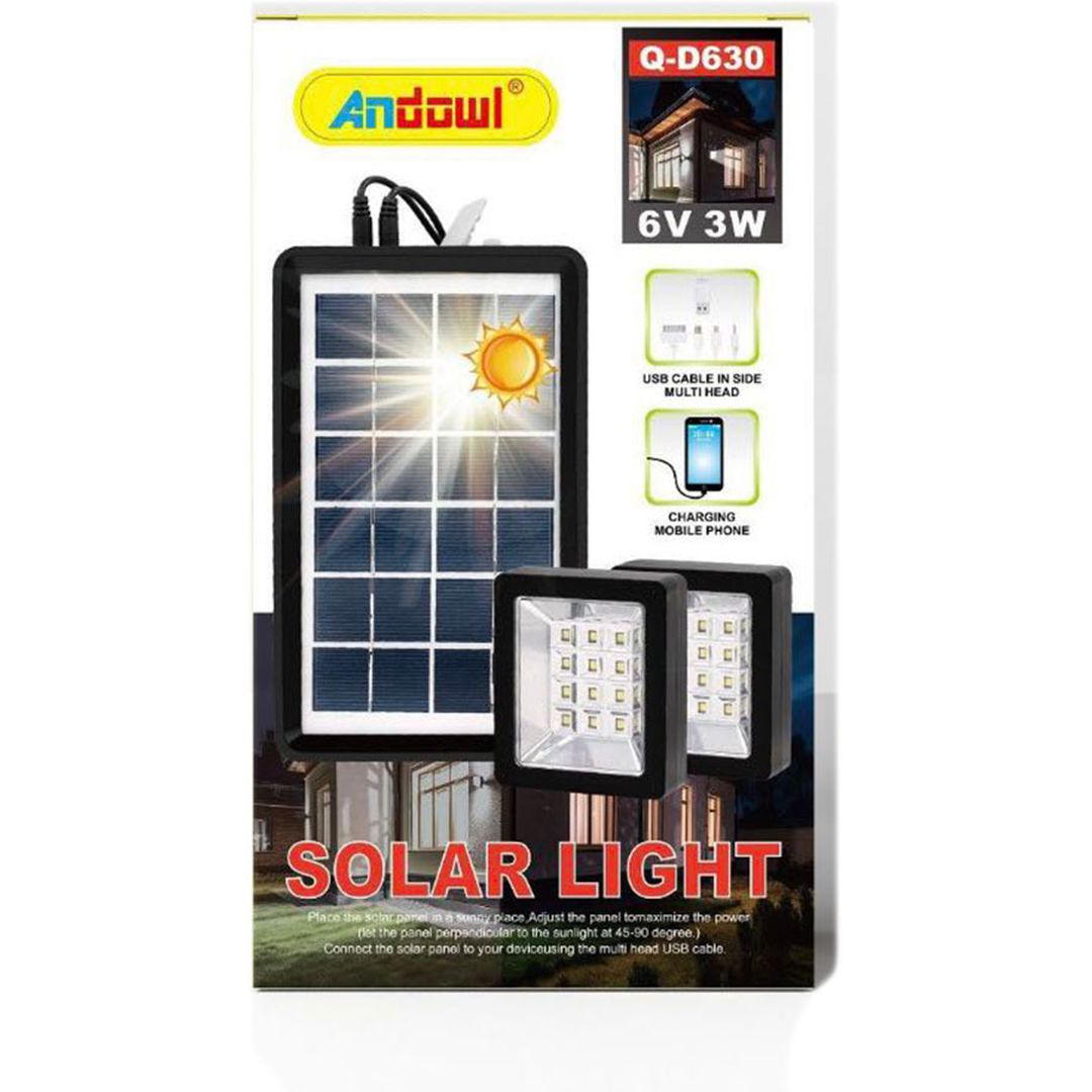 Andowl Q-D630 Ηλιακό Φωτιστικό 3W 6V με Θύρες για Φόρτιση Κινητού Μαύρο