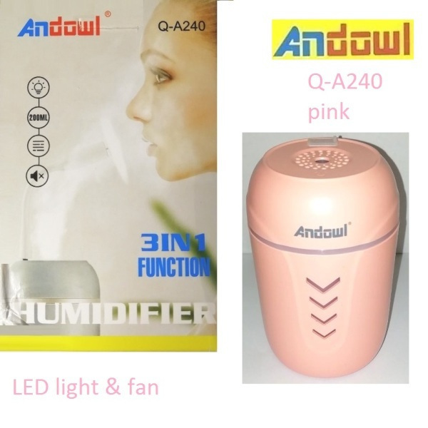 Andowl Q-A240 Επαναφορτιζόμενος υγραντήρας 3 σε 1 με φως LED και μίνι ανεμιστήρα Ροζ
