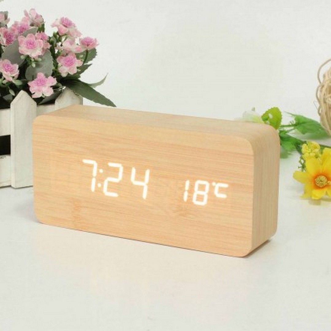 Ξύλινο ψηφιακό ρολόι Led επιτραπέζιο, με ξυπνητήρι και θερμόμετρο