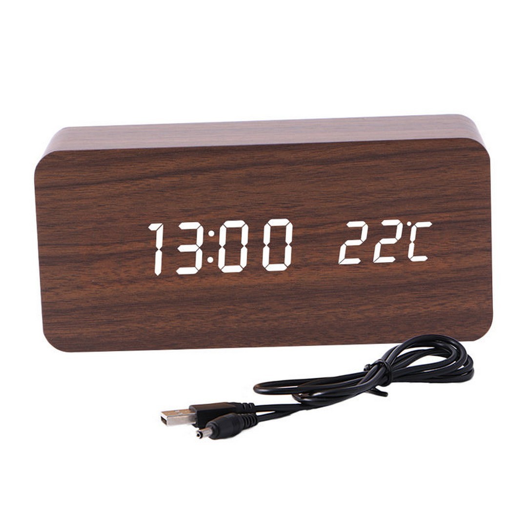 Ξύλινο ψηφιακό ρολόι Led επιτραπέζιο, με ξυπνητήρι και θερμόμετρο