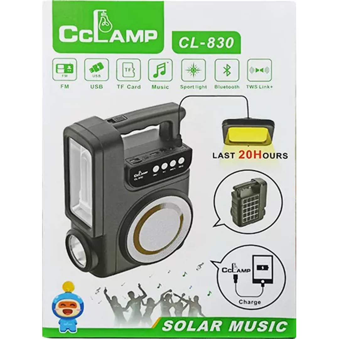 Ηλιακή συσκευή αναπαραγωγής μουσικής FM/USB/TF Bluetooth και προβολέας, διαρκεί 20 ώρες CcLamp CL-830 σε μαύρο χρώμα
