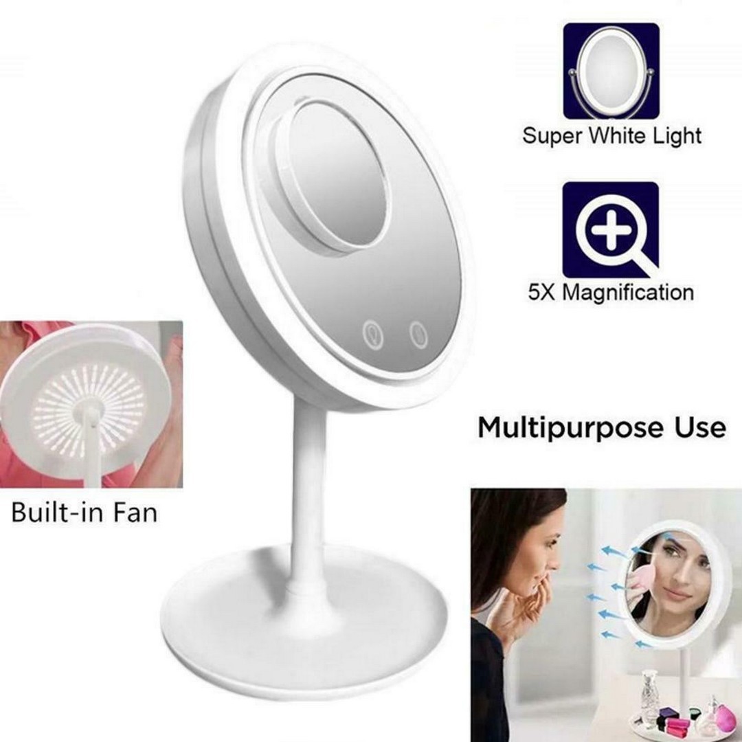 Στρογγυλός LED καθρέφτης μακιγιάζ με ανεμιστήρα και μεγέθυνση 5x