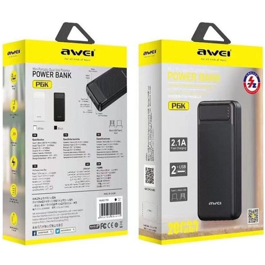 Power Bank 20000mAh με 2 θύρες USB-A Awei P6K σε μαύρο χρώμα