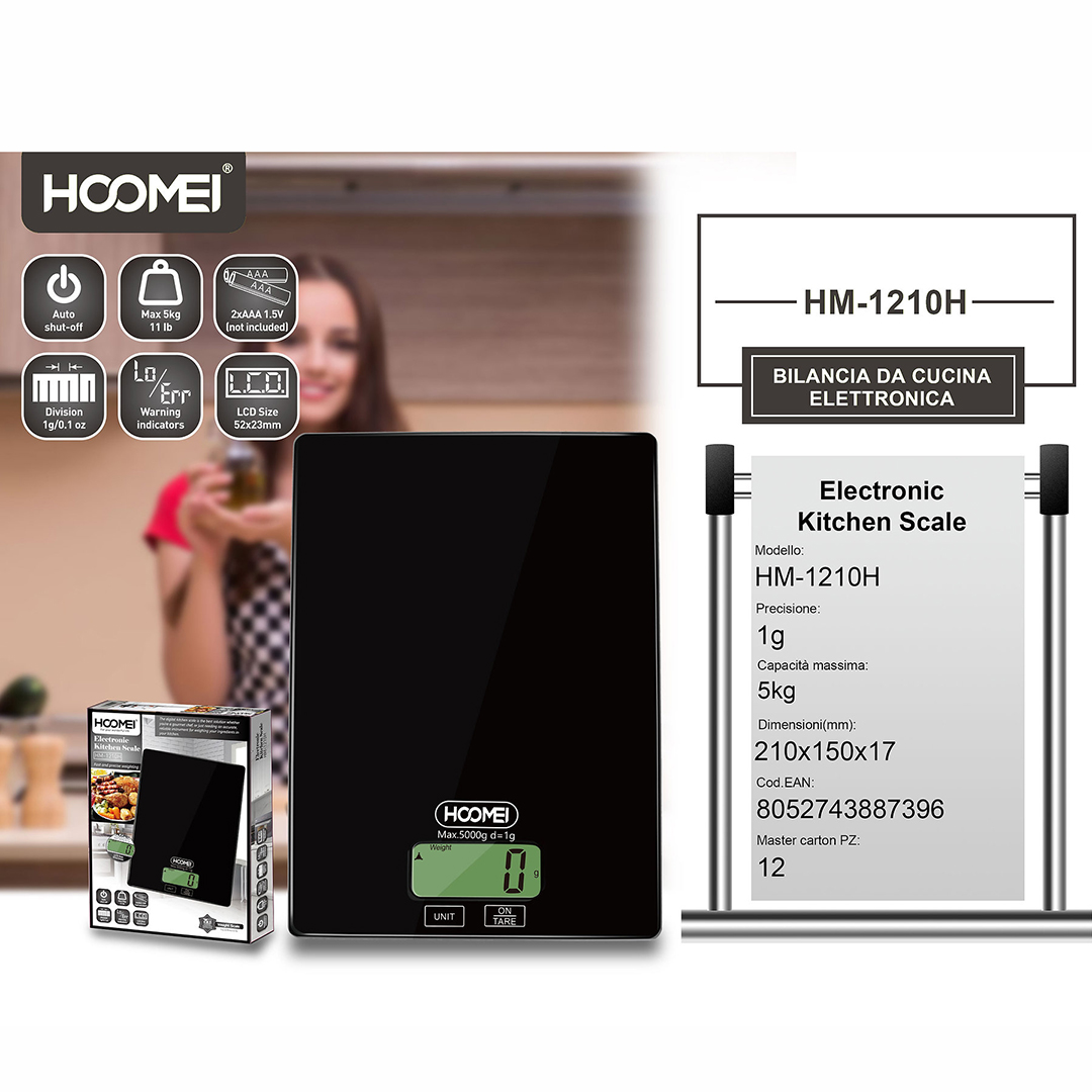Ψηφιακή γυάλινη ζυγαριά ακριβείας κουζίνας 1g/5Kg Hoomei HM-1210H μαύρο