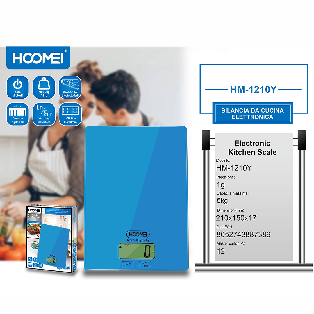 Ψηφιακή γυάλινη ζυγαριά ακριβείας κουζίνας 1g/5Kg Hoomei HM-1210Y μπλε