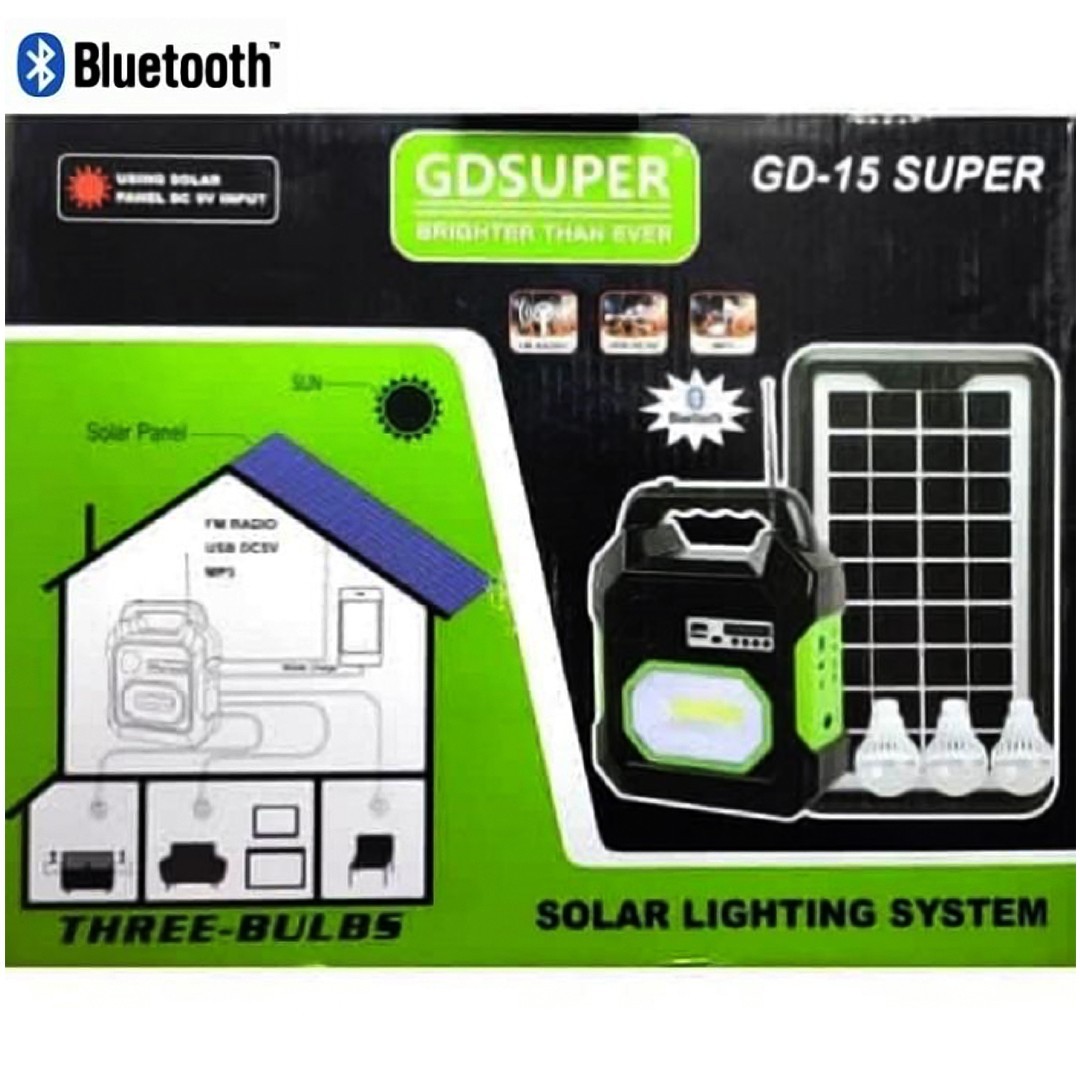 Ηλιακό σύστημα φωτισμού με 3 λάμπες LED, ραδιόφωνο, MP3 και Bluetooth GD-15 SUPER