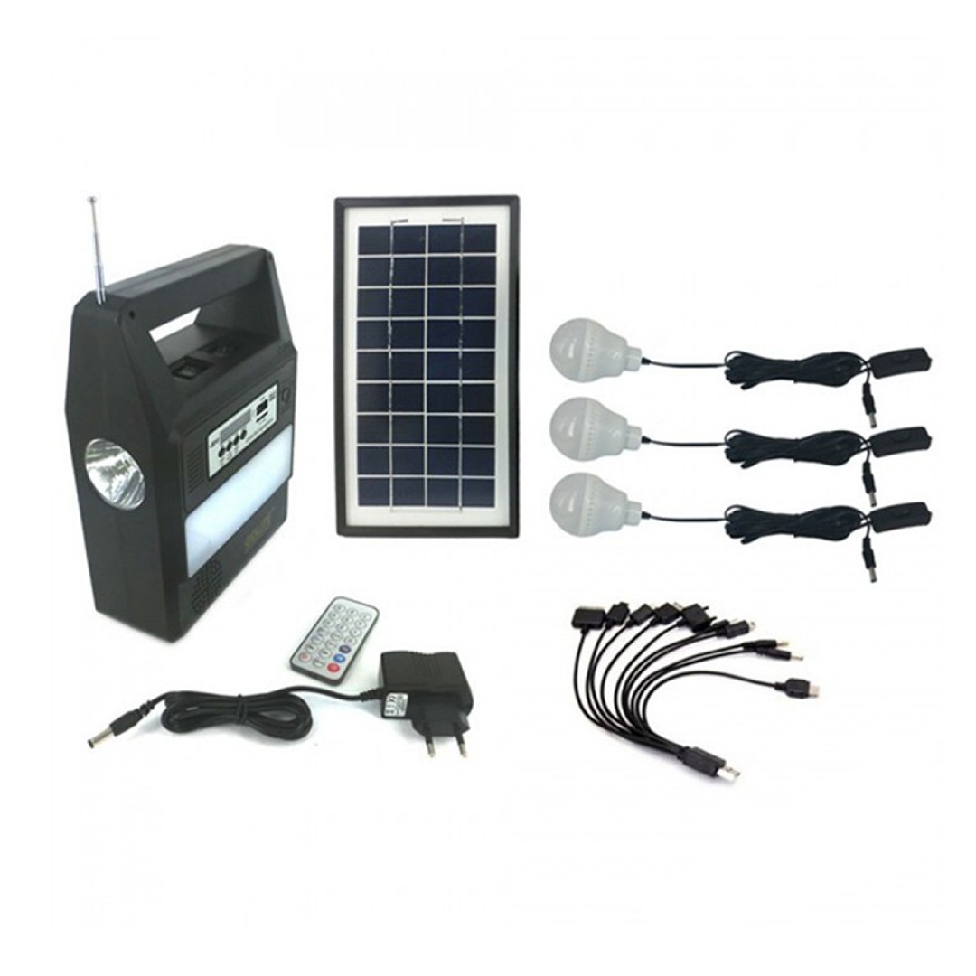 Ηλιακό πακέτο φωτισμού με πάνελ, φορτιστή και 3 λάμπες με ραδιόφωνο FM/MP3 GD8216