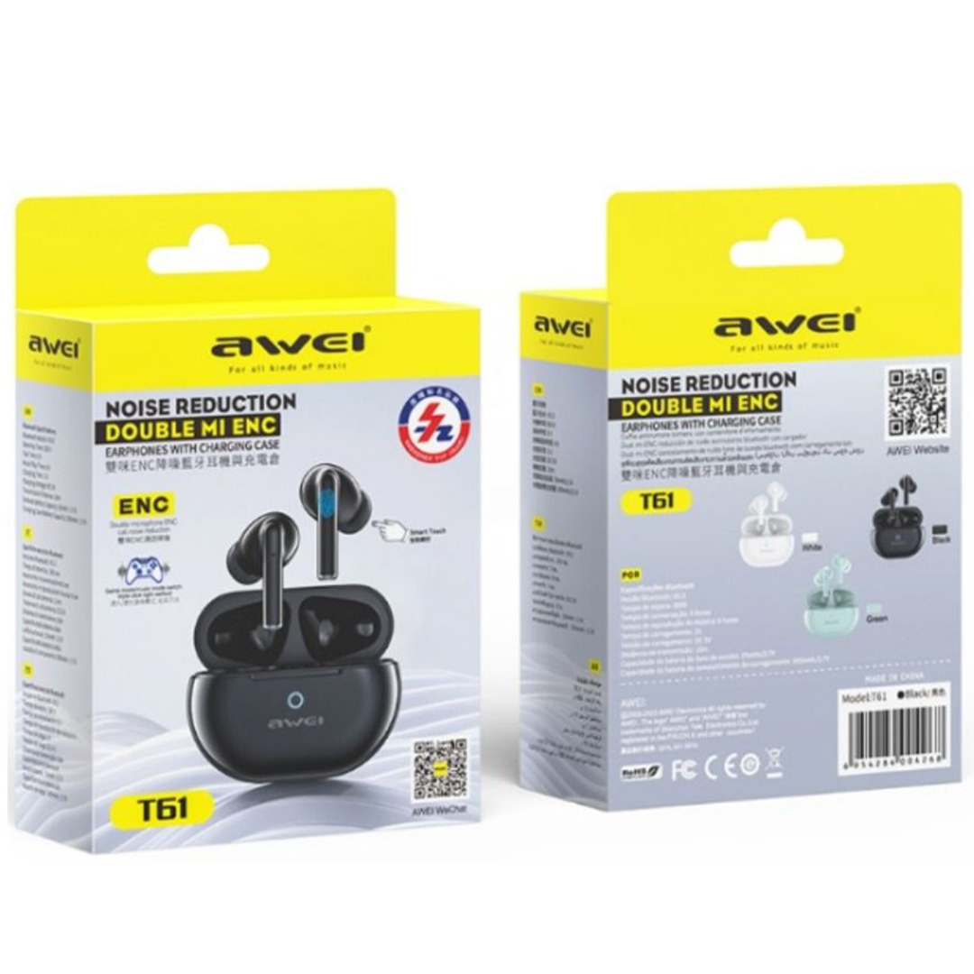 Ακουστικά in-ear Bluetooth handsfree με αντοχή στον ιδρώτα και θήκη φόρτισης Awei T61 μαύρα