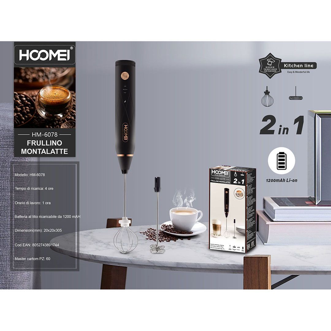 Hoomei HM-6078 Συσκευή Χειρός για Αφρόγαλα και Φραπεδιέρα 2 σε 1 Μαύρη