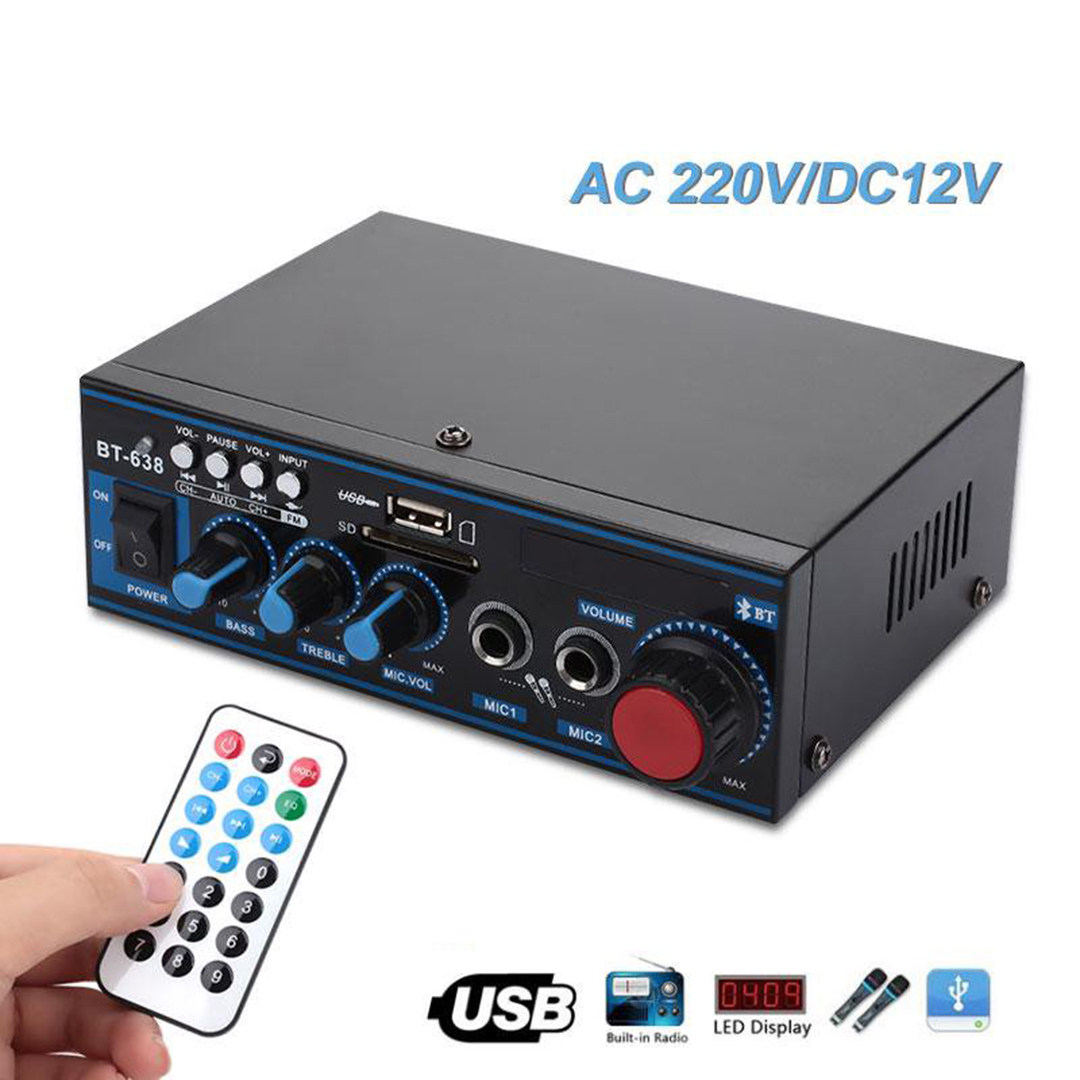 Φορητός hi-fi στέρεο ραδιοενισχυτής 30W USB/SD/FM MP3 ιδανικός για karaoke player 220V -12V αυτοκινήτου, 2 x jack 6,3mm με τηλεχειριστήριο BT BT-638