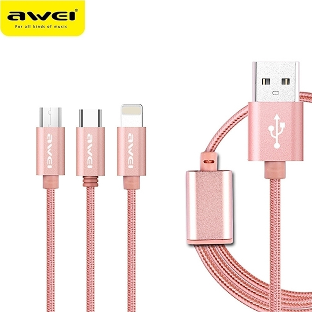 Καλώδιο φόρτισης 1.2m 3 σε 1 Micro USB, USB Type-C, Lightning Fast Charging, σε ροζ χρώμα Awei CL-970