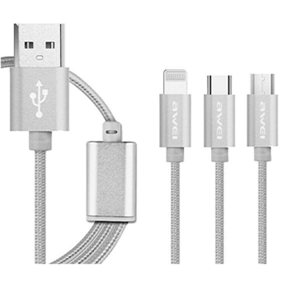 Καλώδιο φόρτισης 1.2m 3 σε 1 Micro USB, USB Type-C, Lightning Fast Charging, σε ασημί χρώμα Awei CL-970