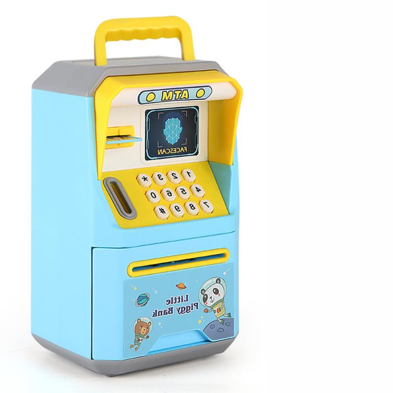 Κουμπαράς πλαστικός mini ATM με κωδικό 13,5x12x23cm γαλάζιο