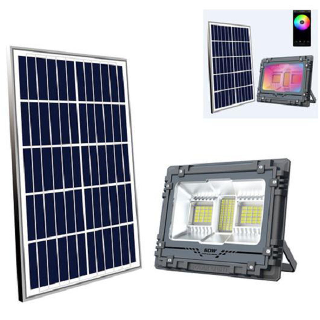 Αδιάβροχος επαναφορτιζόμενος ηλιακός προβολέας 100W 39 Led RGB με τηλεχειρισμό και χρονοδιακόπτη MJ-AW100C μαύρο