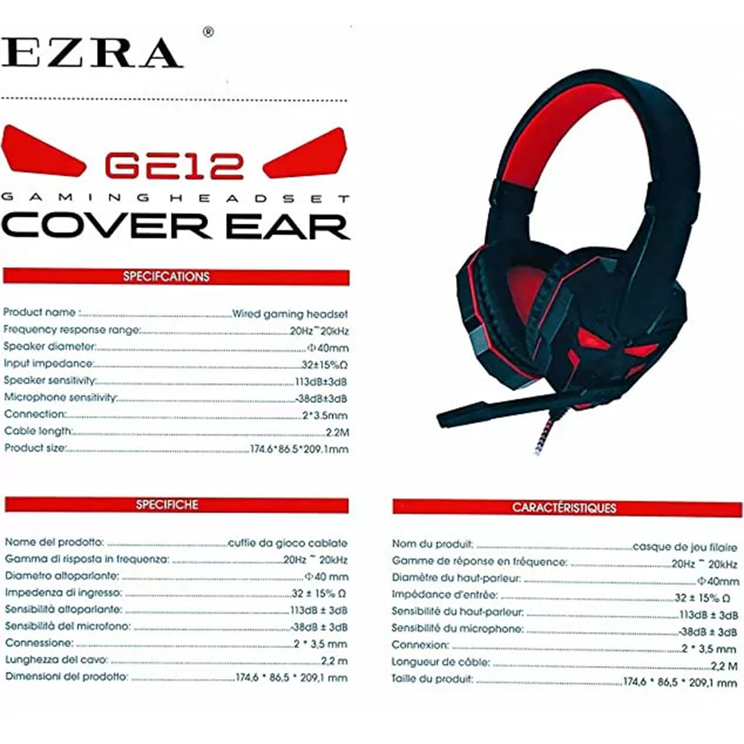 Gaming pc ακουστικά με 2,2m καλώδιο EZRA GE12 μαύρο/κόκκινο