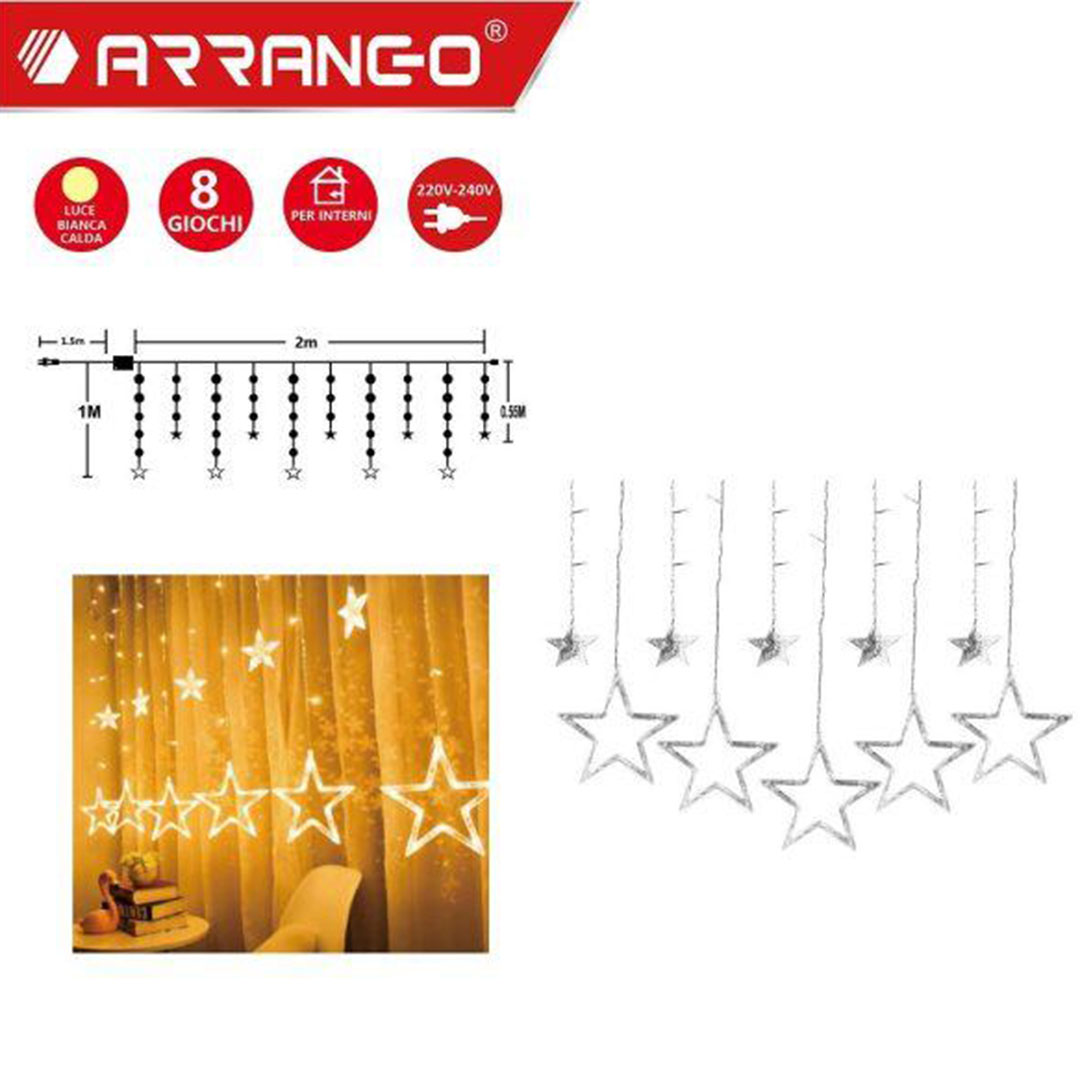 Φωτιστικό κουρτίνα αστέρια με 115 Led 2μ+1.5μ καλώδιο και 8 προγράμματα ARRANGO AN77019 θερμό λευκό