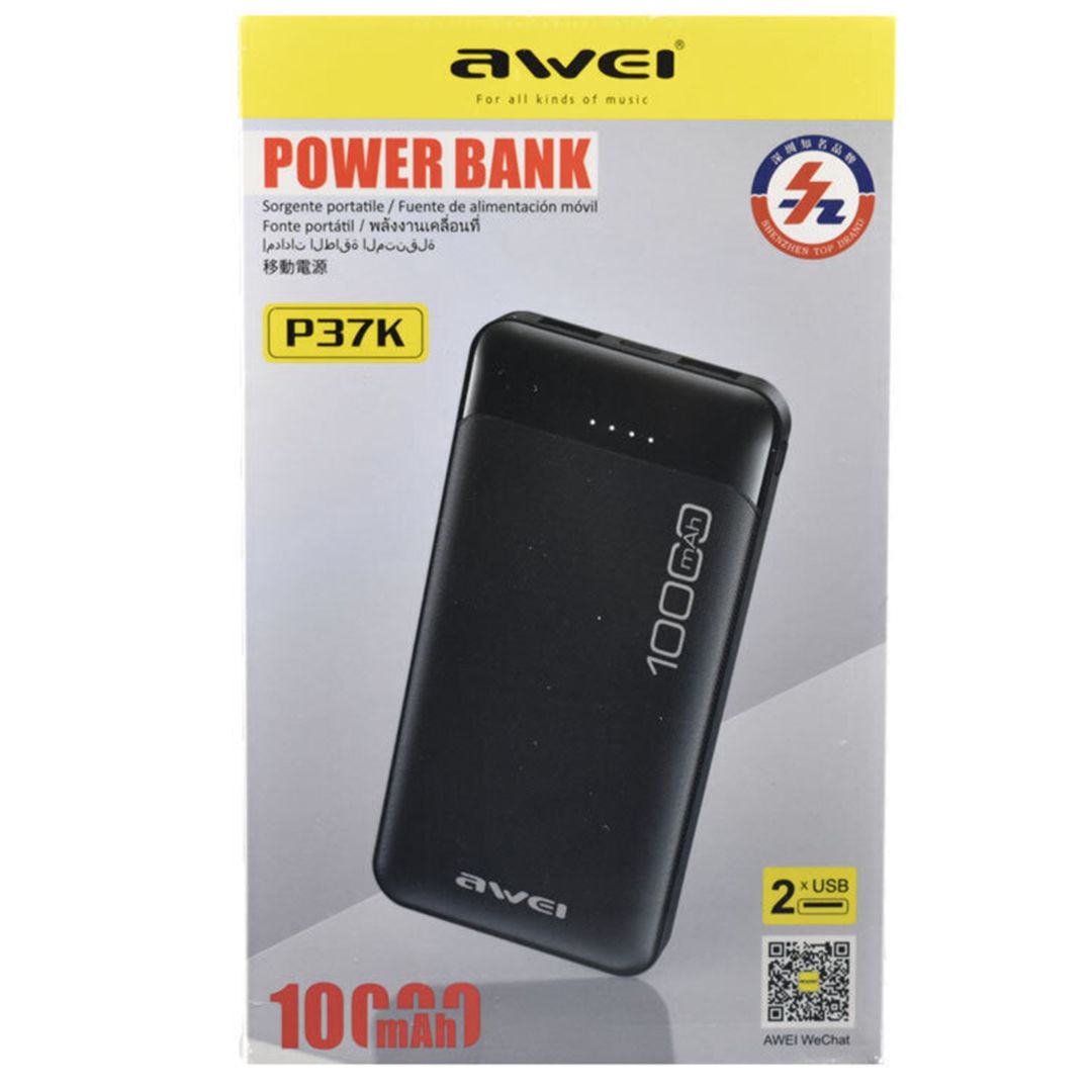 Power Bank 10000mAh με 2 θύρες USB-A και θύρα USB-C Awei P37K μαύρο