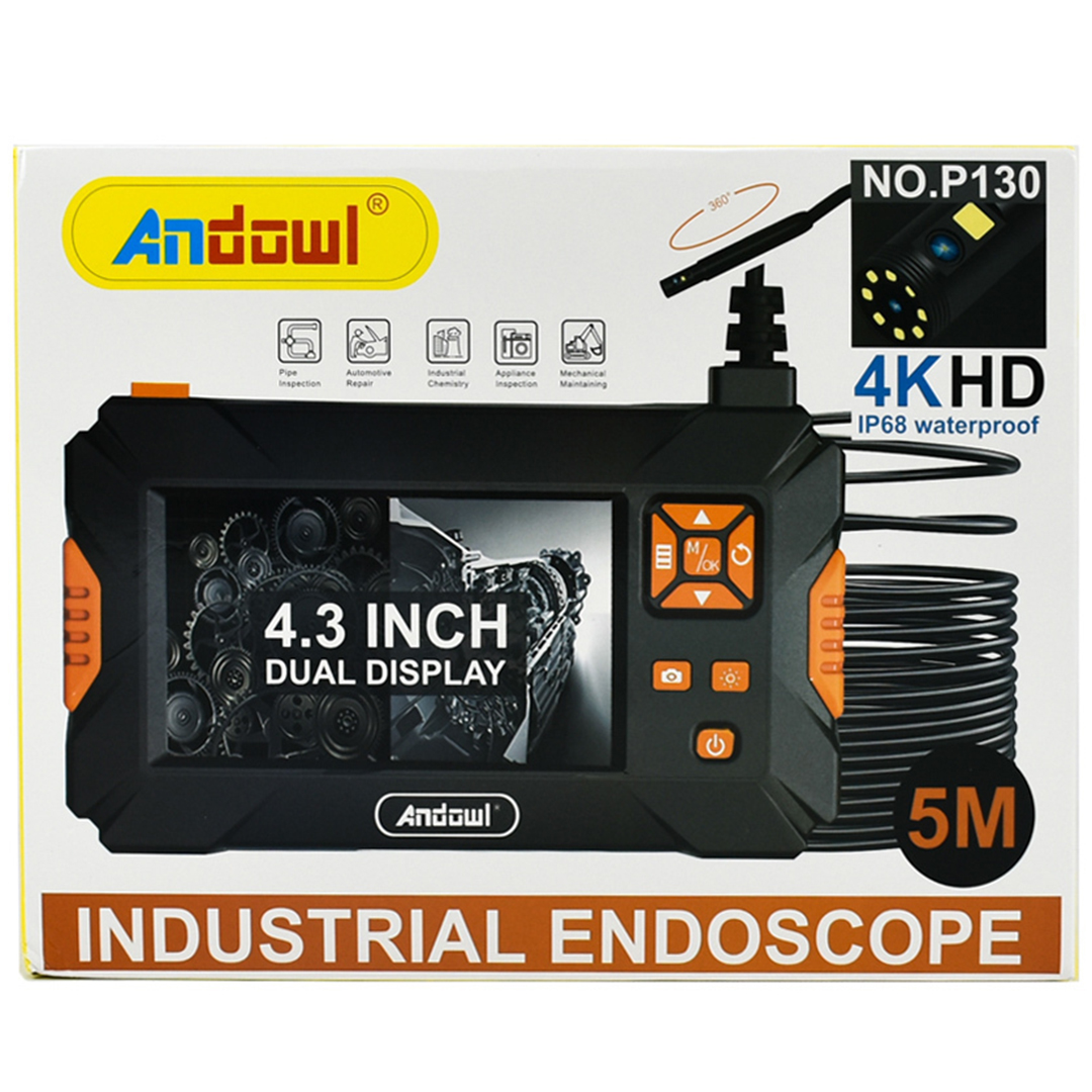 Βιομηχανικό ενδοσκόπιο 4K HD μπαταρίας 5m με οθόνη 4.3inch και περιστροφή κάμερας 360º IP68 Andowl P130 μαύρο