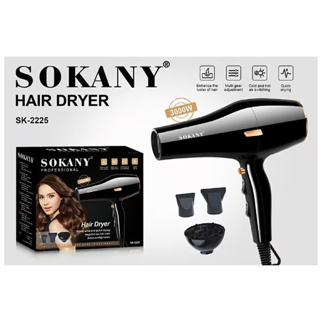 Επαγγελματικό πιστολάκι μαλλιών 3000W ιόντων με φυσούνα Sokany SK-2225 μαύρο