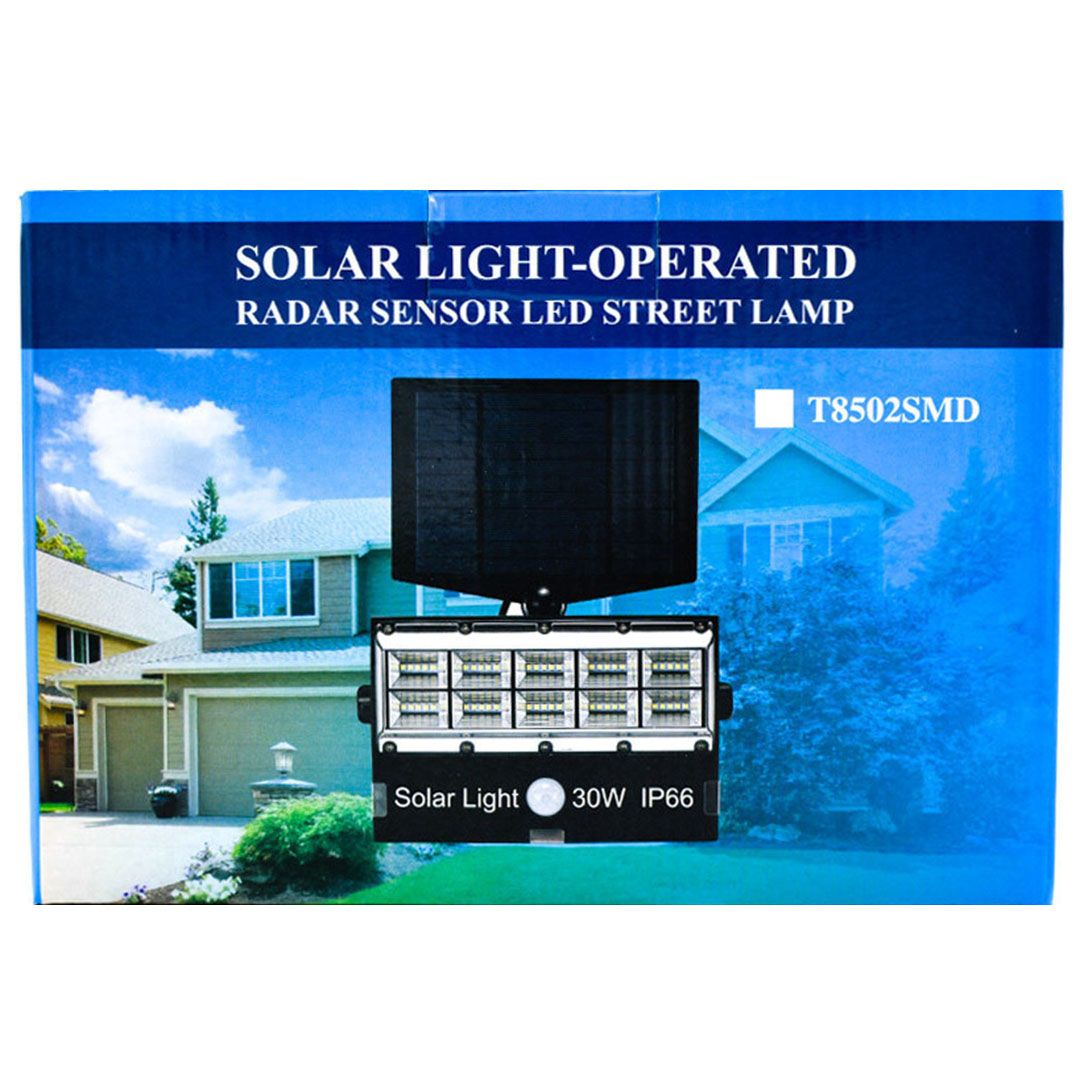 Στεγανός ηλιακός προβολέας IP66 ισχύος 30W με αισθητήρα κίνησης και ψυχρό λευκό φως T8502SMD μαύρο
