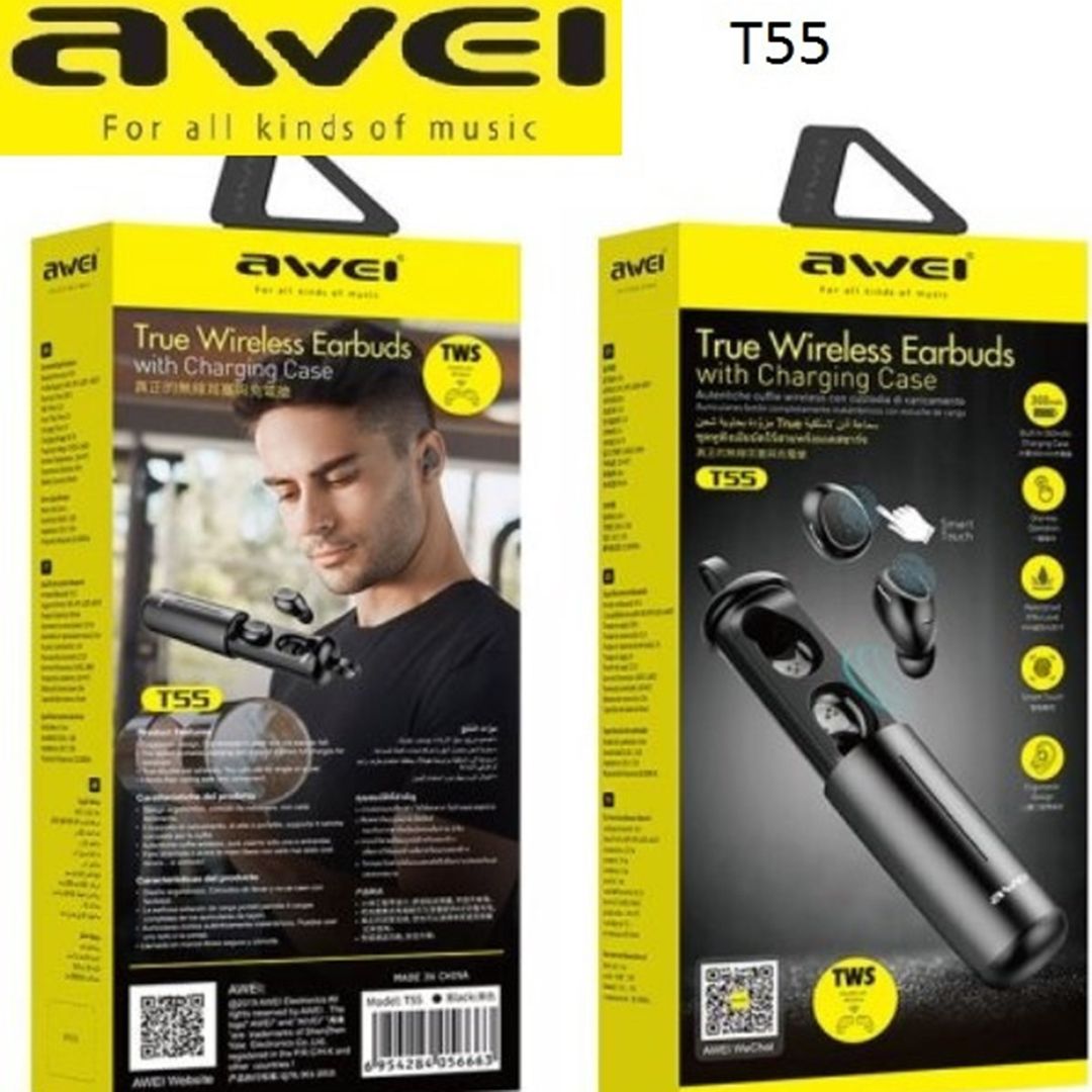 Awei T55 In-ear Bluetooth Handsfree Ακουστικά με Θήκη Φόρτισης Μαύρα