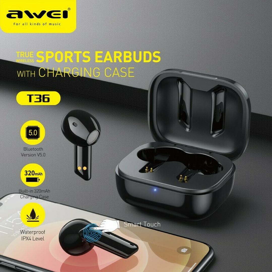Awei T36 Earbud Bluetooth Handsfree Ακουστικά με Αντοχή στον Ιδρώτα και Θήκη Φόρτισης Μαύρα