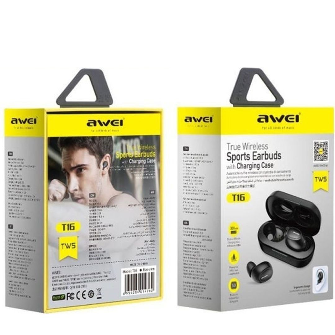 Awei T16 In-ear Bluetooth Handsfree Ακουστικά με Αντοχή στον Ιδρώτα και Θήκη Φόρτισης Μαύρα