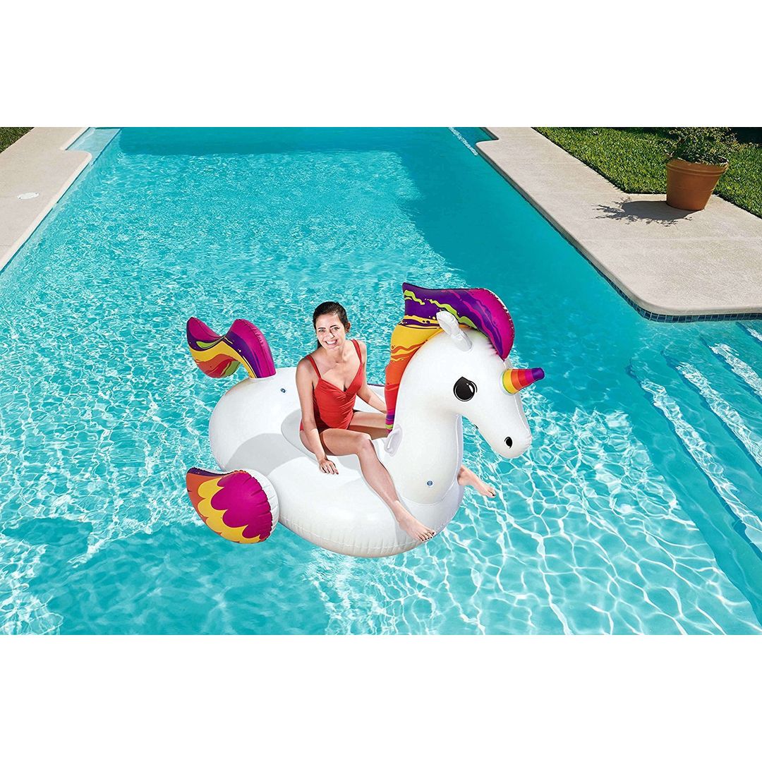 Bestway Supersized 224x164cm Φουσκωτό Ride On Θαλάσσης Unicorn με Χειρολαβές σε Λευκό Χρώμα