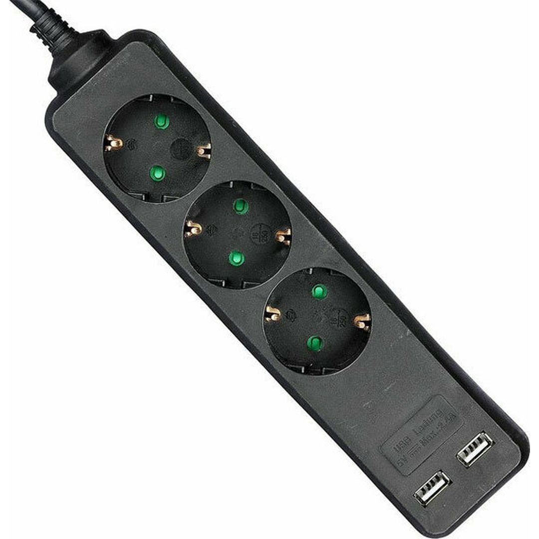 V-TAC Πολύπριζο Ασφαλείας 3 Θέσεων με 2 USB και Καλώδιο 1.5m Μαύρο 8776