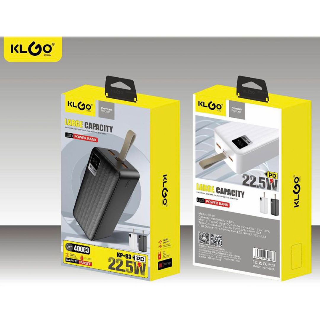 KLGO KP-93 Power Bank 40000mAh 22.5W με 2 Θύρες USB-A και Θύρα USB-C Power Delivery Μαύρο